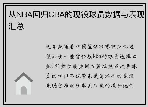 从NBA回归CBA的现役球员数据与表现汇总