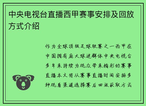 中央电视台直播西甲赛事安排及回放方式介绍